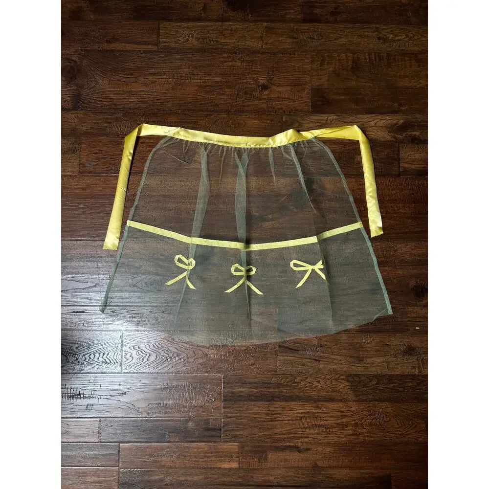 Vintage Handmade Green Tulle Half Apron — Mid Century Yellow Satin Ribbon Bows